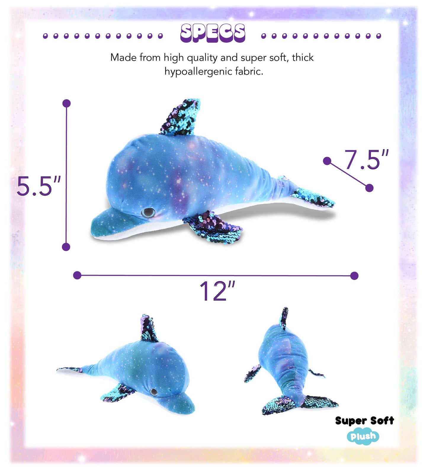 DolliBu Space Sequin Plush - Reversible Dolphin Stuffed Animal, Space-Themed Cute Stuffed Animal for Room Decor - 12 Inches
