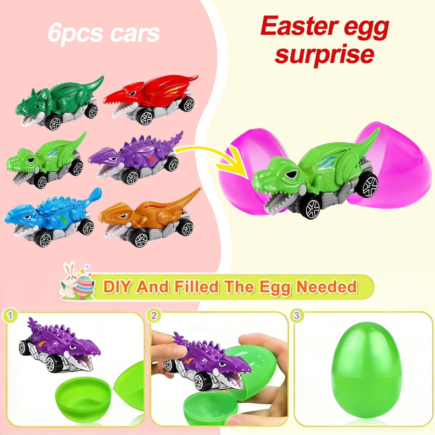 Dufricen 6 Pack Prefilled Easter Eggs with Metal Dinosaur Car Toys Vehicles Set for Toddlers Kids Easter Egg Fillers Hunt Basket Stuffers Party Favors