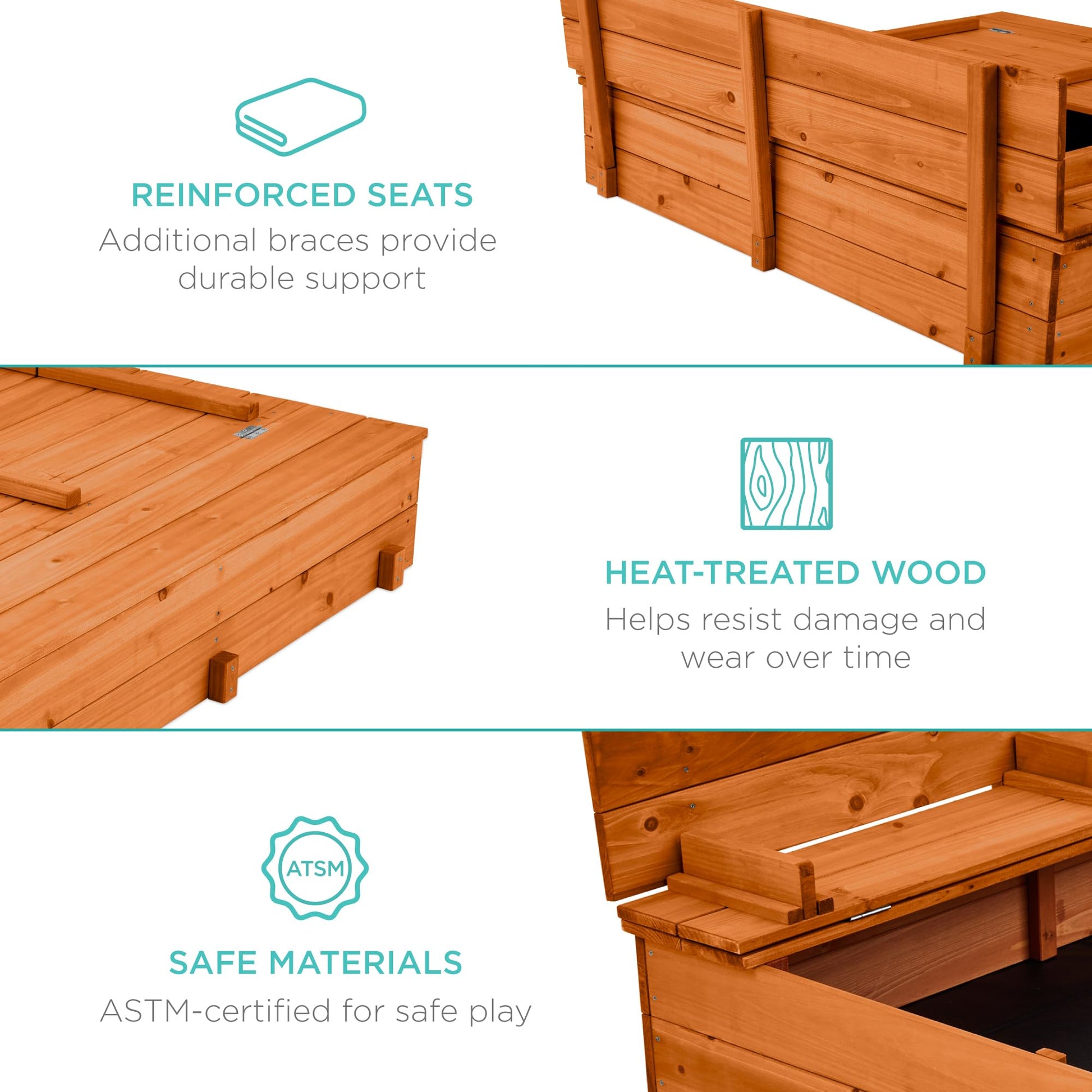 Best Choice Products Large Outdoor Wooden Sand Box for Kids, Sandbox with Cover, Bench Seats Support up to 220 lbs, Bottom Liner for Drainage, Cedar