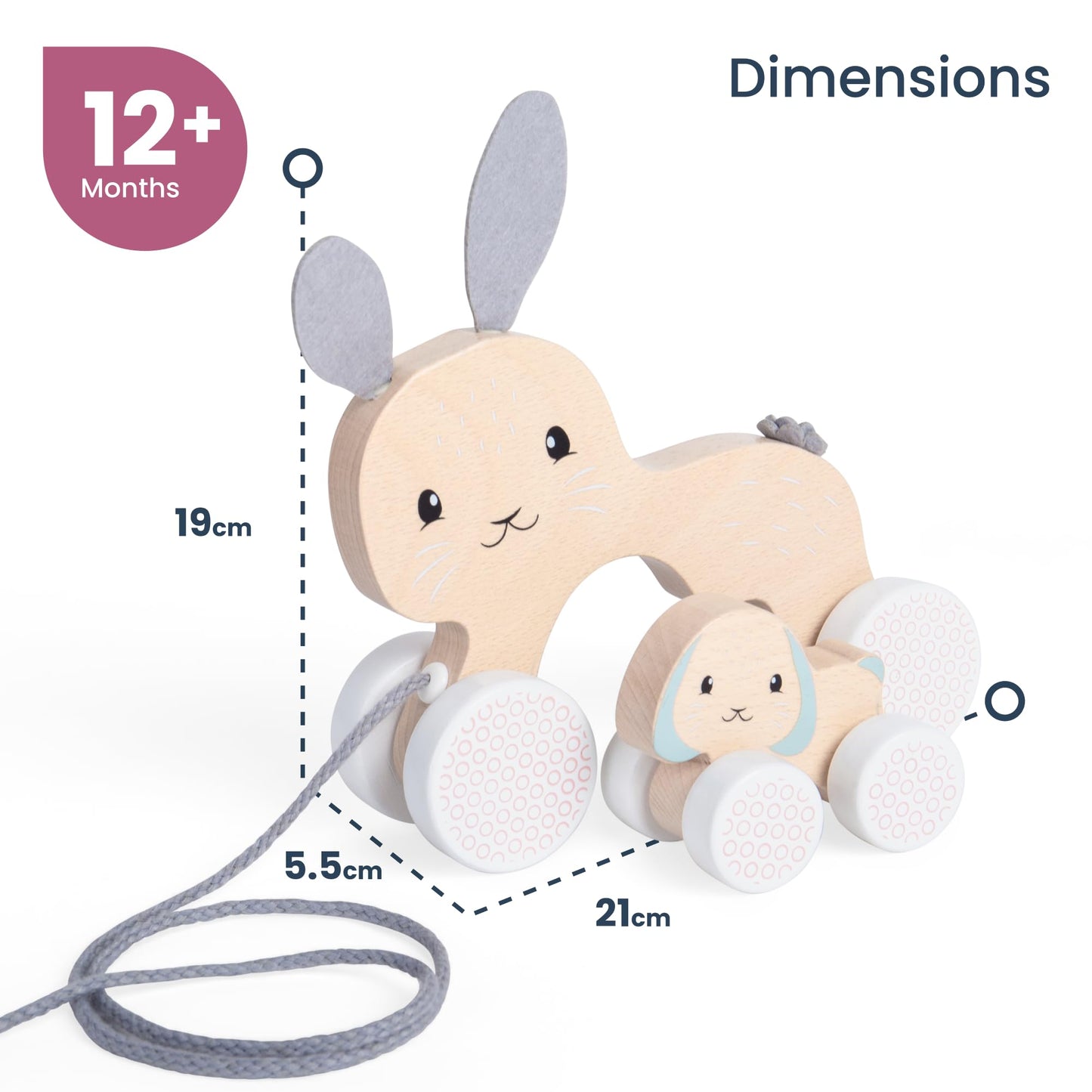 Bigjigs Toys FSC® Certified Bunny & Baby Pull Along Toy - Eco-Friendly Rabbit Pull Along with Cord & Baby Bunny Push-Along, Quality Pull Along Toys