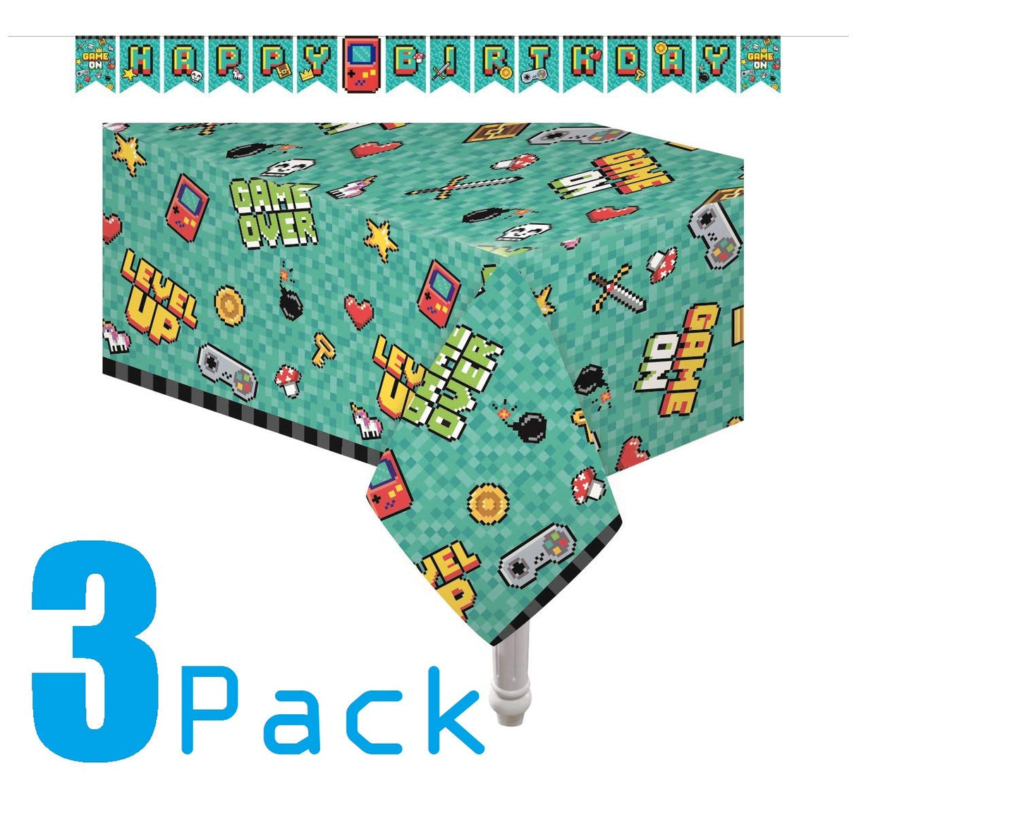Oojami Video Gaming Party Supplies 3 Pack, 54x108" Table Covers + Banner