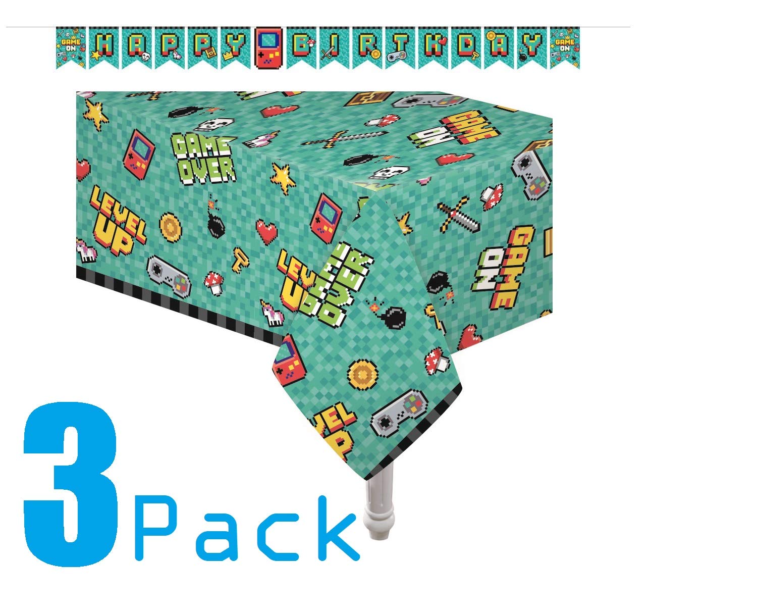Oojami Video Gaming Party Supplies 3 Pack, 54x108" Table Covers + Banner