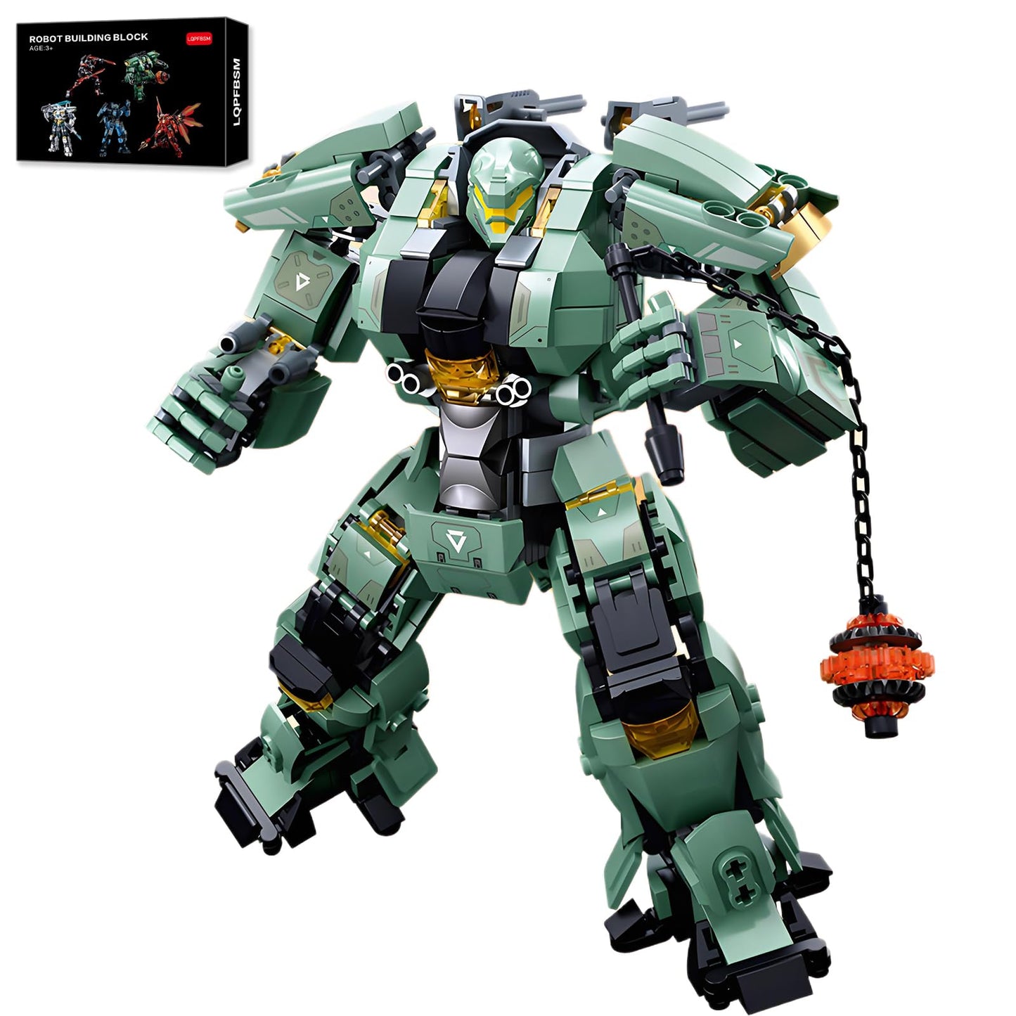 LQPFBSM Green Heavy Mecha Building Set 542 Pieces Armored Robot Action Figure with Meteor Hammer Weapon Articulated Military Warrior Model Kit Sci-Fi