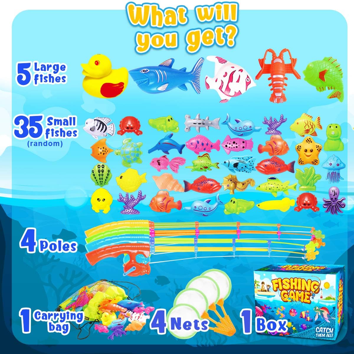 Goody King Magnetic Fishing Game Pool Party Pole Rod Net - Bathtub Outdoor Indoor Carnival Party Water Table Fish Toys Age 3-5 6 4-8 (Large)