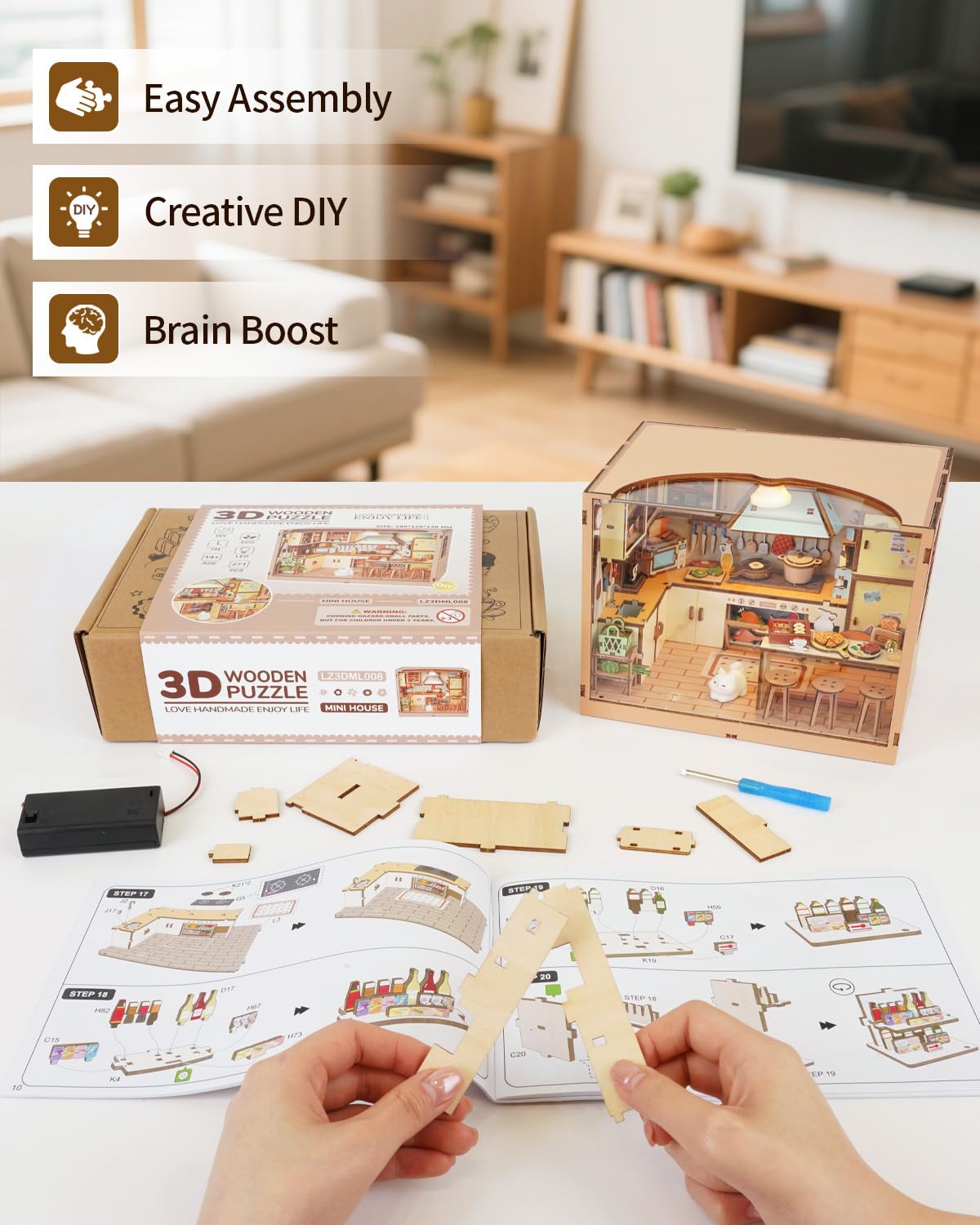DIY Dollhouse Miniature House Kit 1:20 Scale Kictchen with LED Light, Tiny House Building Kit 3D Wooden Puzzle Crafts for Adults Home Decor Gift