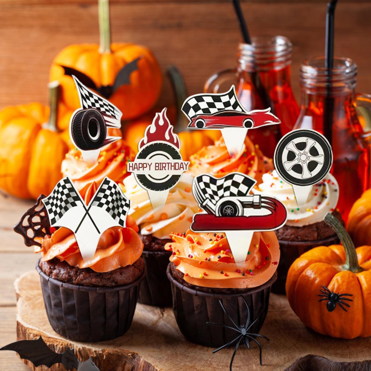 24 PCS Hot Cars Cupcake Toppers Race Car Cake Decorations Checkered Theme Cake Decoration for Boy Girl Baby Shower Birthday Party Cake Decors Supplies