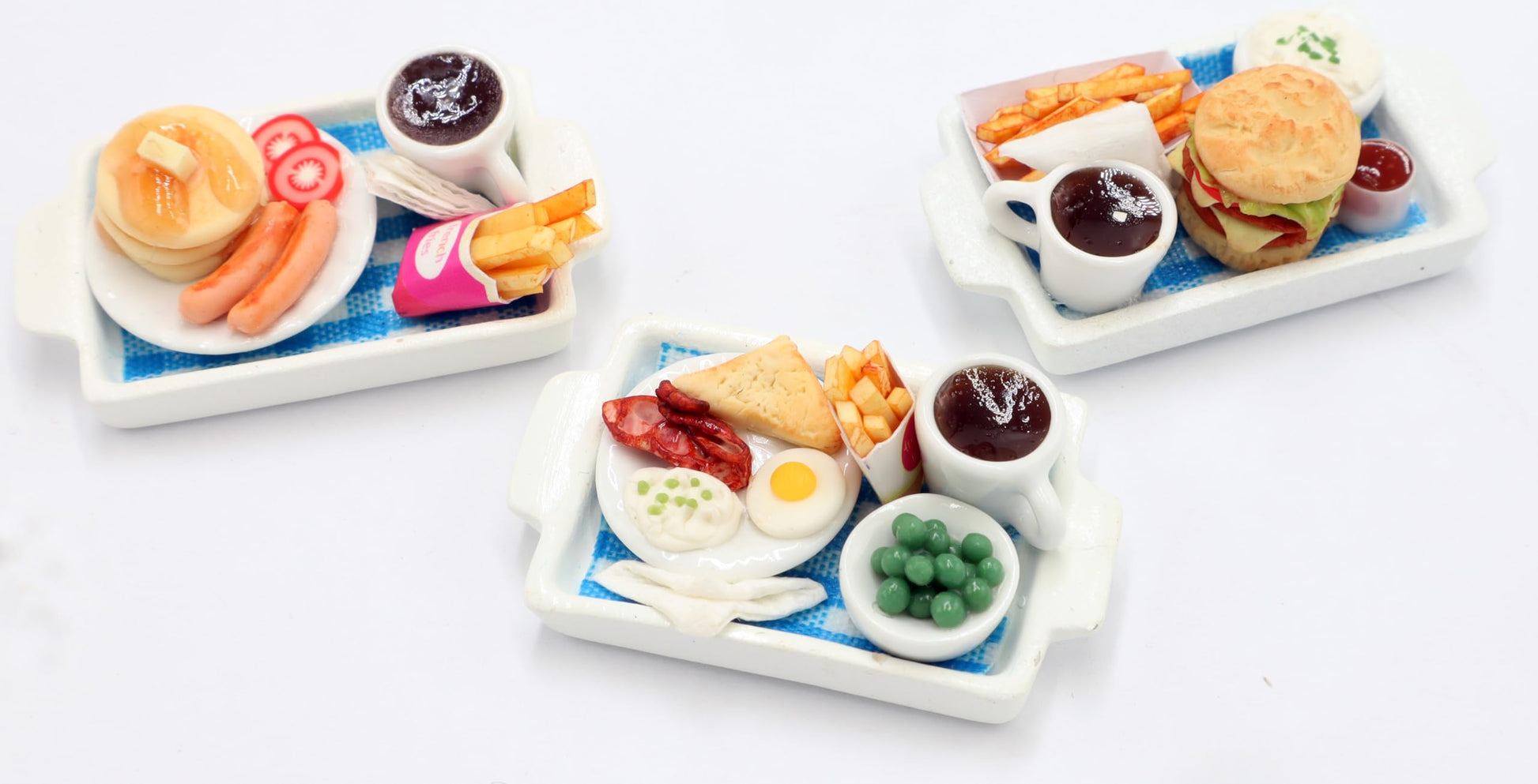 3 Pcs Dollhouse Miniature Food Trays - Handmade Clay Pancake, Burger & Sandwich Coffee Sets on Plastic Trays (1.5 x 2 Inch), 1/6 Scale Dollhouse