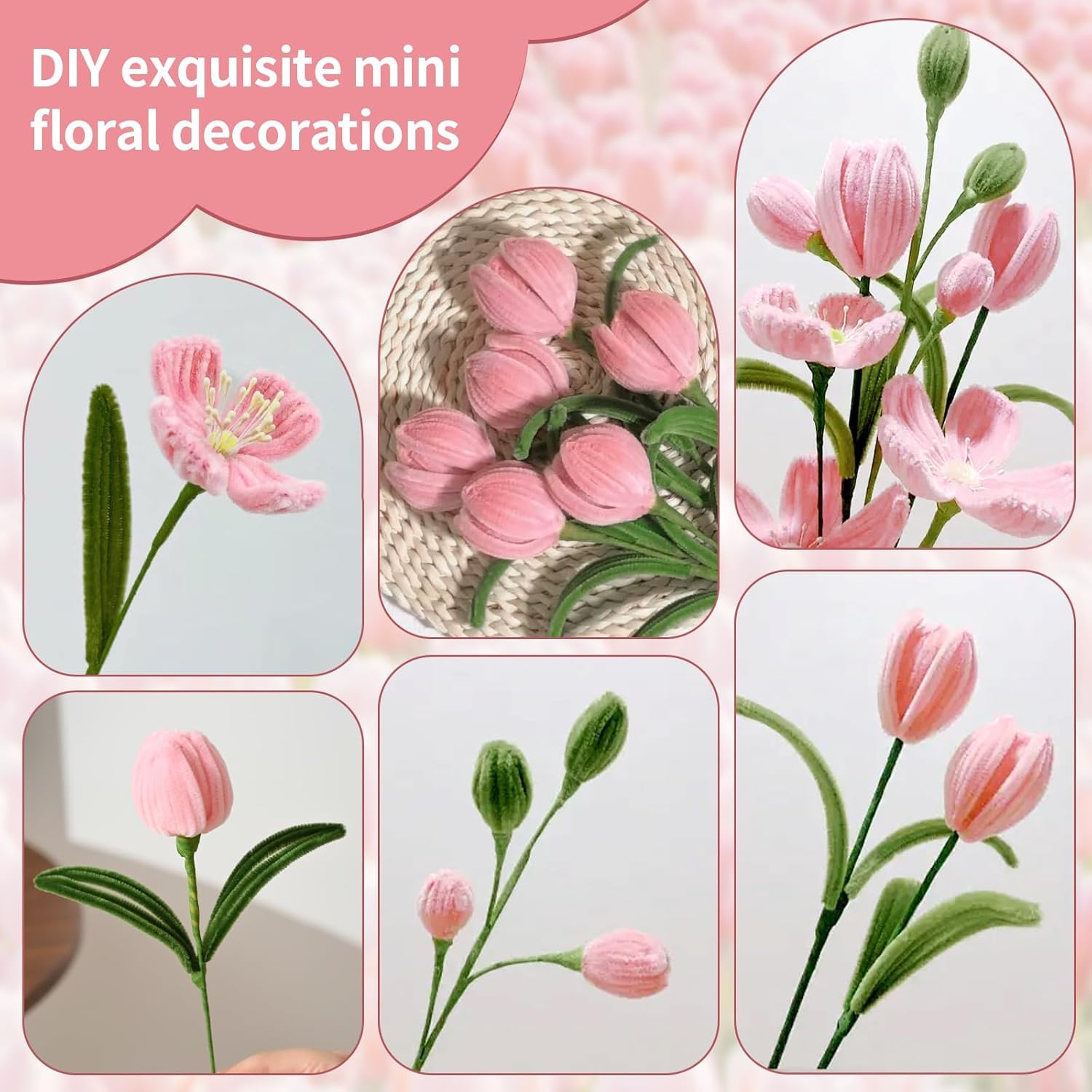 DVKKHD 400 Pcs Pink Pipe Cleaners Kit, 4 Colors Chenille Stems DIY Bouquet
