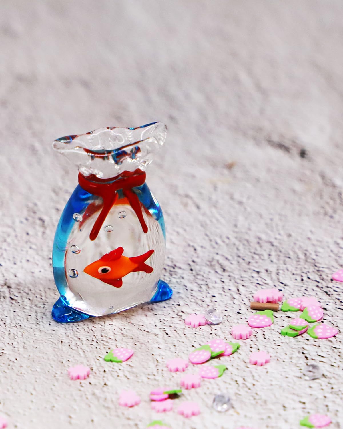 Miniature Glass Goldfish, Tiny Goldfish in a Bag, Dollhouse Glass Red Fish Figurine, for Aquarium Fish Ornament, Dollhouse Miniature DIY, Seaworld