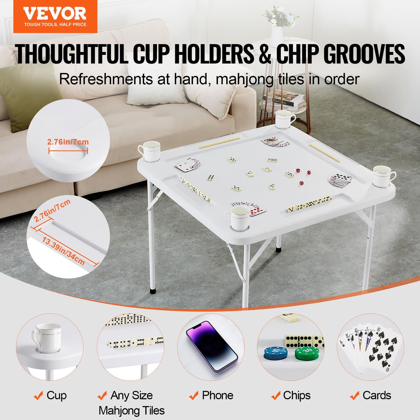 VEVOR Mahjong Table, Square 4 Player Folding Card Table with 4 Cup Holders & 4 Chip Trays, Portable Domino Game Table with 1 Set of Dominoes