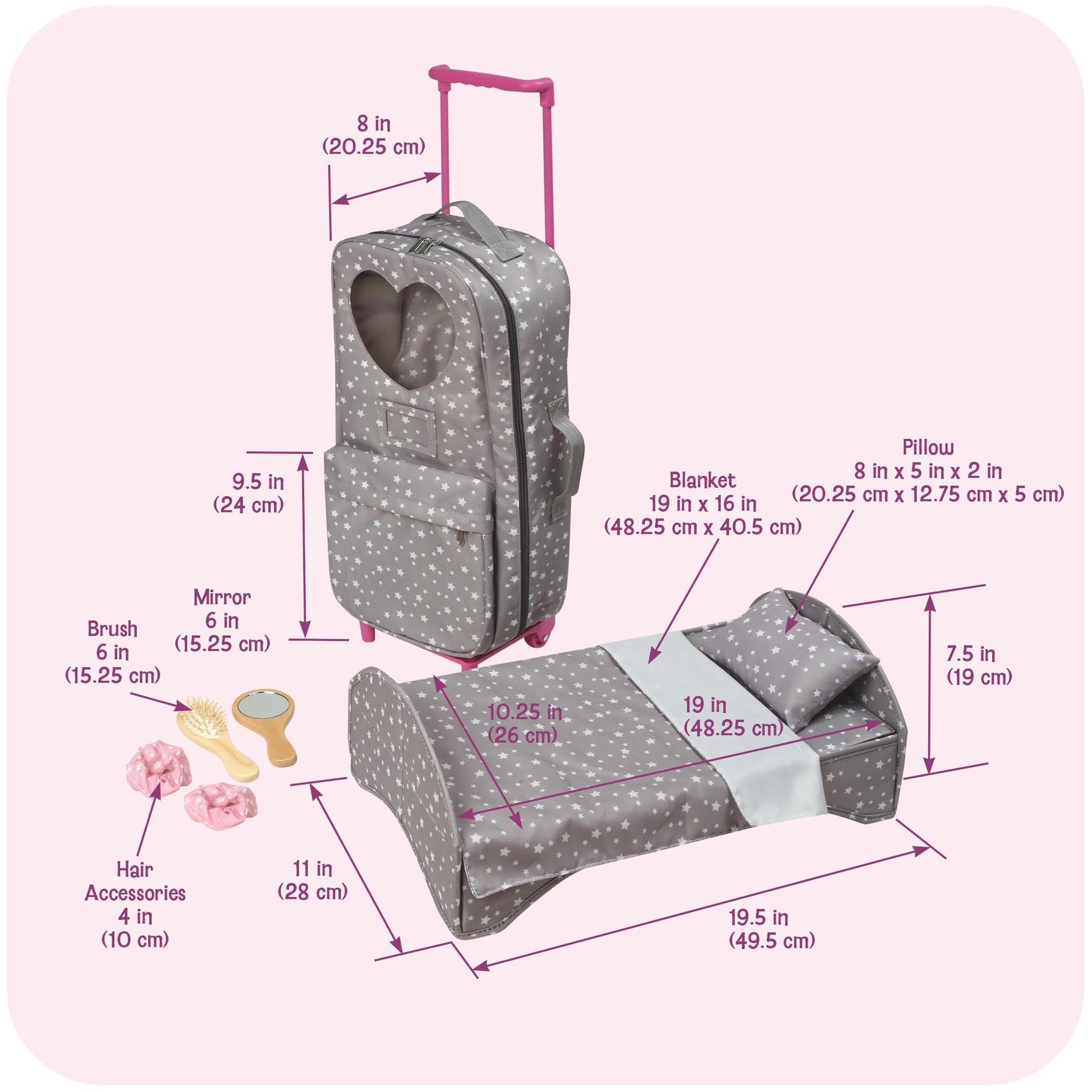 Badger Basket Travel and Tour Trolley Carrier Set for 18-Inch Dolls with Folding Bed and Accessories - Gray Stars