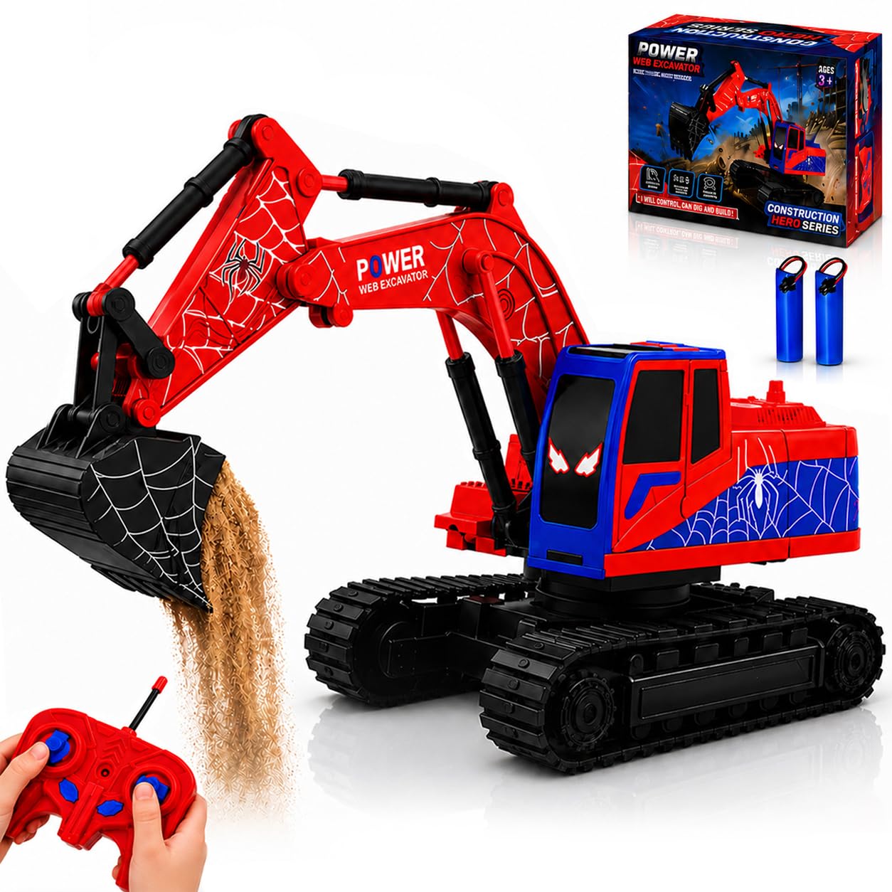 PixelWoW Remote Control Excavator for Kids, RC Construction Excavator with Movable Arm, 2 Rechargeable Batteries and Auto Demo Mode, Birthday Gifts