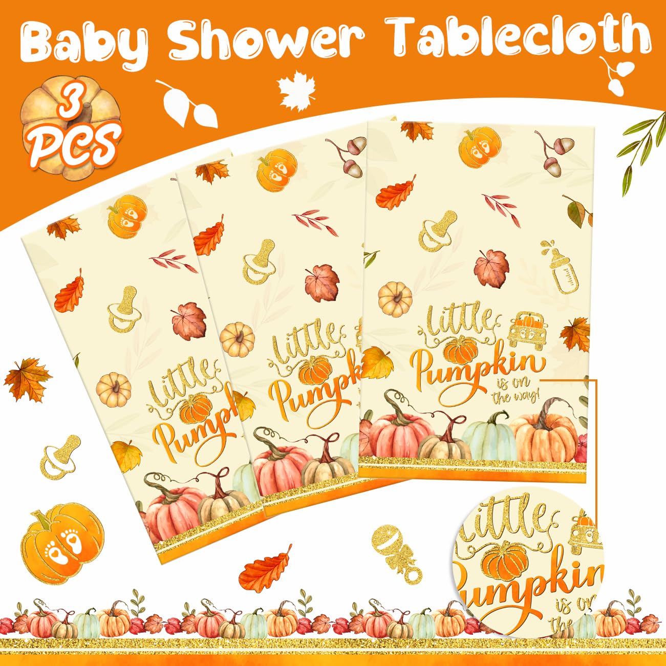 Little Pumpkin Baby Shower Decorations 3Pcs Little Pumpkin is On The Way Tablecloths Fall Theme Disposable Plastic Rectangle Table Covers for Autumn