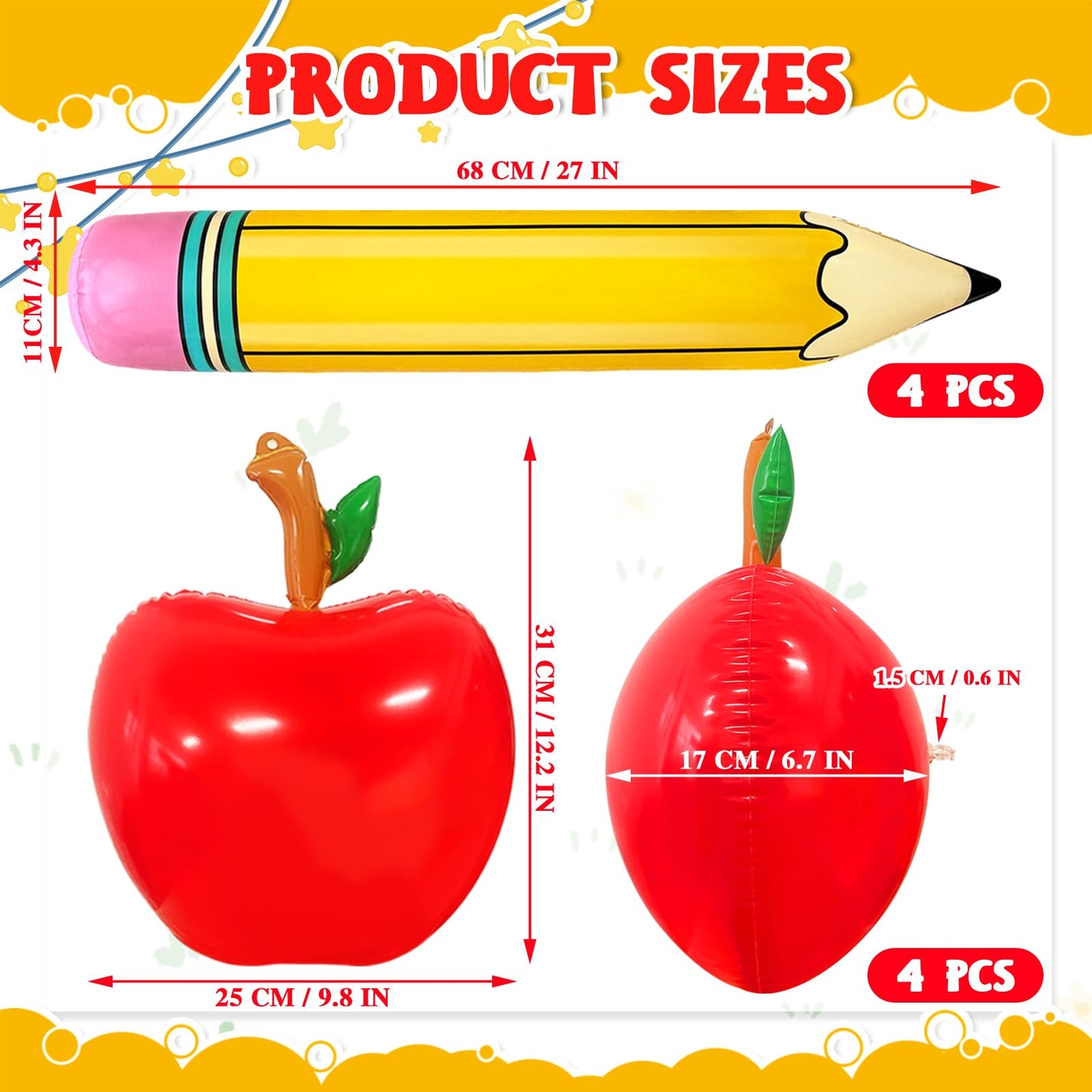 8 Pcs Large Inflatable Apple Pencil Balloons,Back to School Pencils and Fruits Balloon Decoration for Classroom,First Day of School Ceiling Hanging