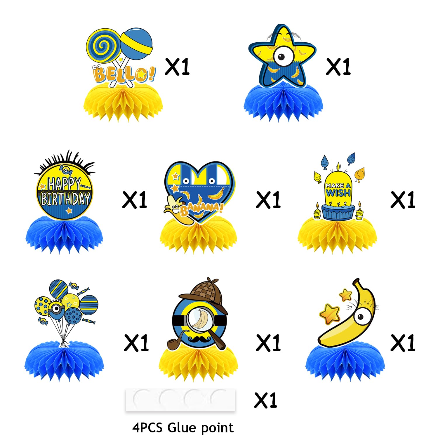 8Pcs Yellow Cartoon Party Supplies Set Honeycomb Centerpieces Double Sided Table Topper for Birthday Decorations