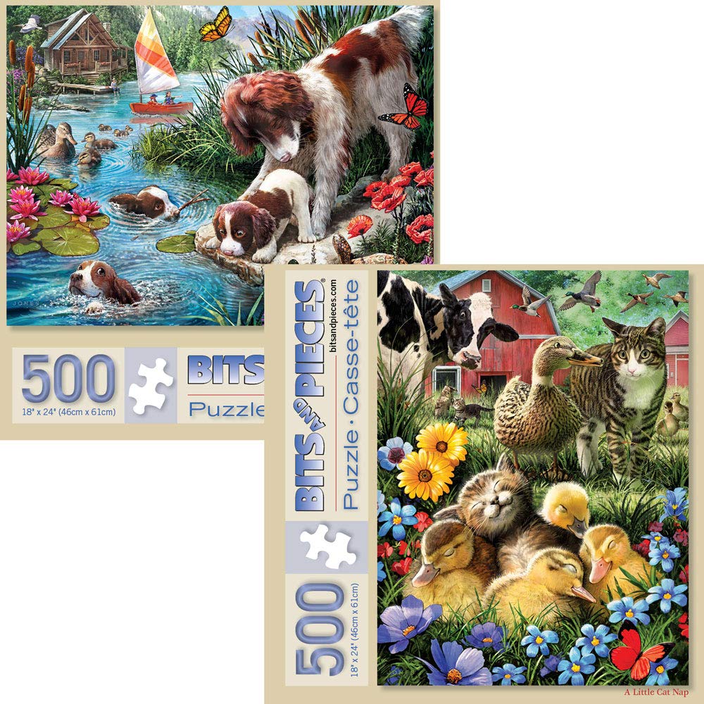 Bits and Pieces - Value Set of Two 500 Piece Jigsaw Puzzles for Adults - Cat Nap, Puppy Swimming Jigsaw Puzzles by Artist Larry Jones, Completed