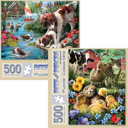 Bits and Pieces - Value Set of Two 500 Piece Jigsaw Puzzles for Adults - Cat Nap, Puppy Swimming Jigsaw Puzzles by Artist Larry Jones, Completed