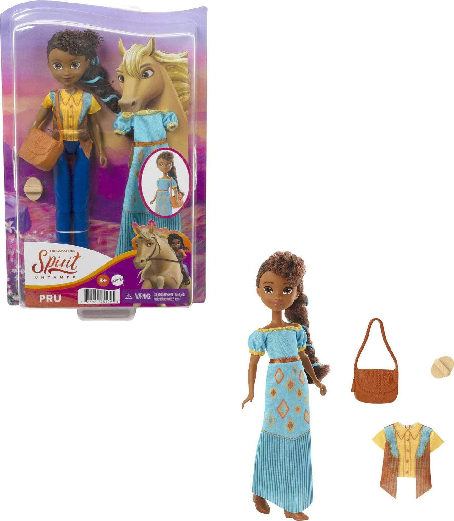 Mattel Spirit Untamed Pru Doll (Approx.7-in), 2 Fashion Outfits, Purse & Horse-themed Accessory, 7 Movable Joints, Great Gift for Ages 3 Years Old &