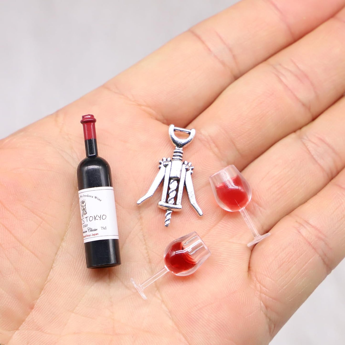 Miniature Red Wine Bottle Set, One Bottle with 2 Resin Filled Wine Glasses and Corkscrew, Dollhouse Wine Bottle, Dollhouse Wine Glasses, for Model
