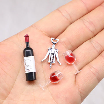 Miniature Red Wine Bottle Set, One Bottle with 2 Resin Filled Wine Glasses and Corkscrew, Dollhouse Wine Bottle, Dollhouse Wine Glasses, for Model