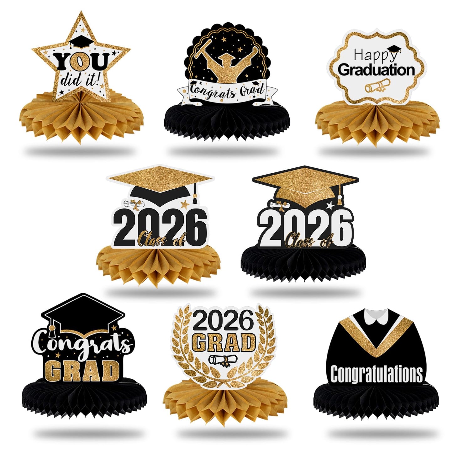 LINGTEER Class of 2026 Graduation Party Decorations - 8Pcs Congrats Grad 2026 School Graduation Table Honeycomb Centerpieces Gift Stand Decorations