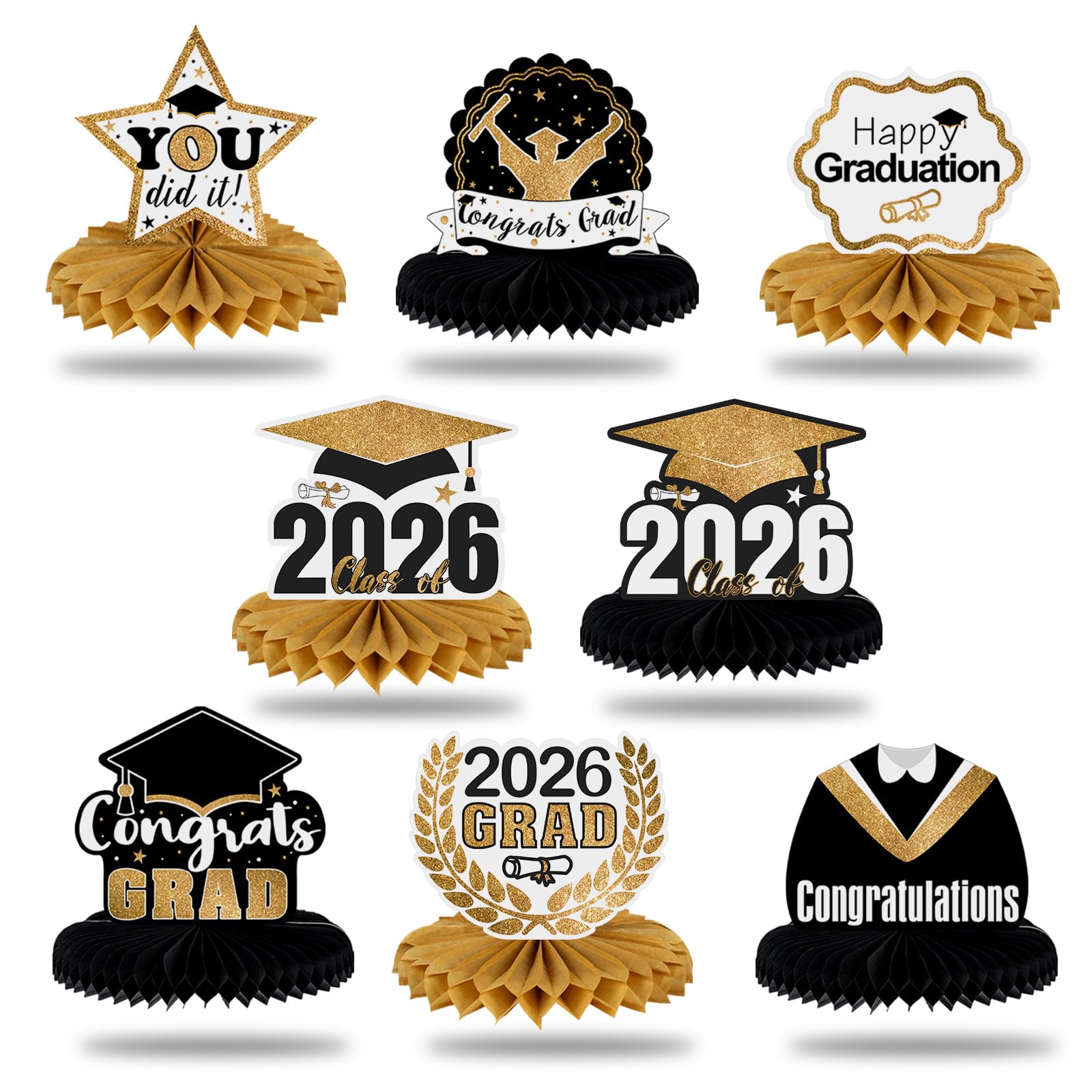 LINGTEER Class of 2026 Graduation Party Decorations - 8Pcs Congrats Grad 2026 School Graduation Table Honeycomb Centerpieces Gift Stand Decorations