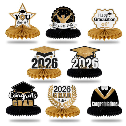 LINGTEER Class of 2026 Graduation Party Decorations - 8Pcs Congrats Grad 2026 School Graduation Table Honeycomb Centerpieces Gift Stand Decorations