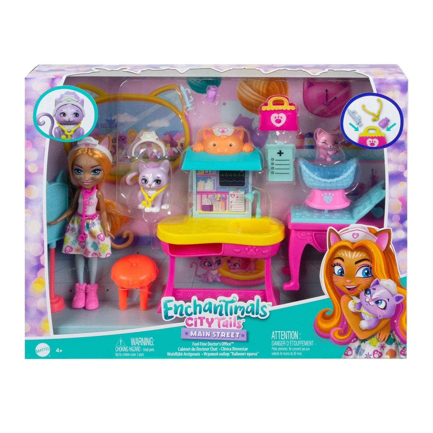 Enchantimals Doll and Playset, City Tails, Feel Fine Dr's Office with Doll, Cat Figure, Furniture and Accessories, Gifts for Kids, HLH22