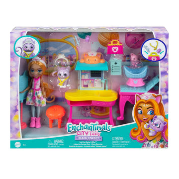 Enchantimals Doll and Playset, City Tails, Feel Fine Dr's Office with Doll, Cat Figure, Furniture and Accessories, Gifts for Kids, HLH22
