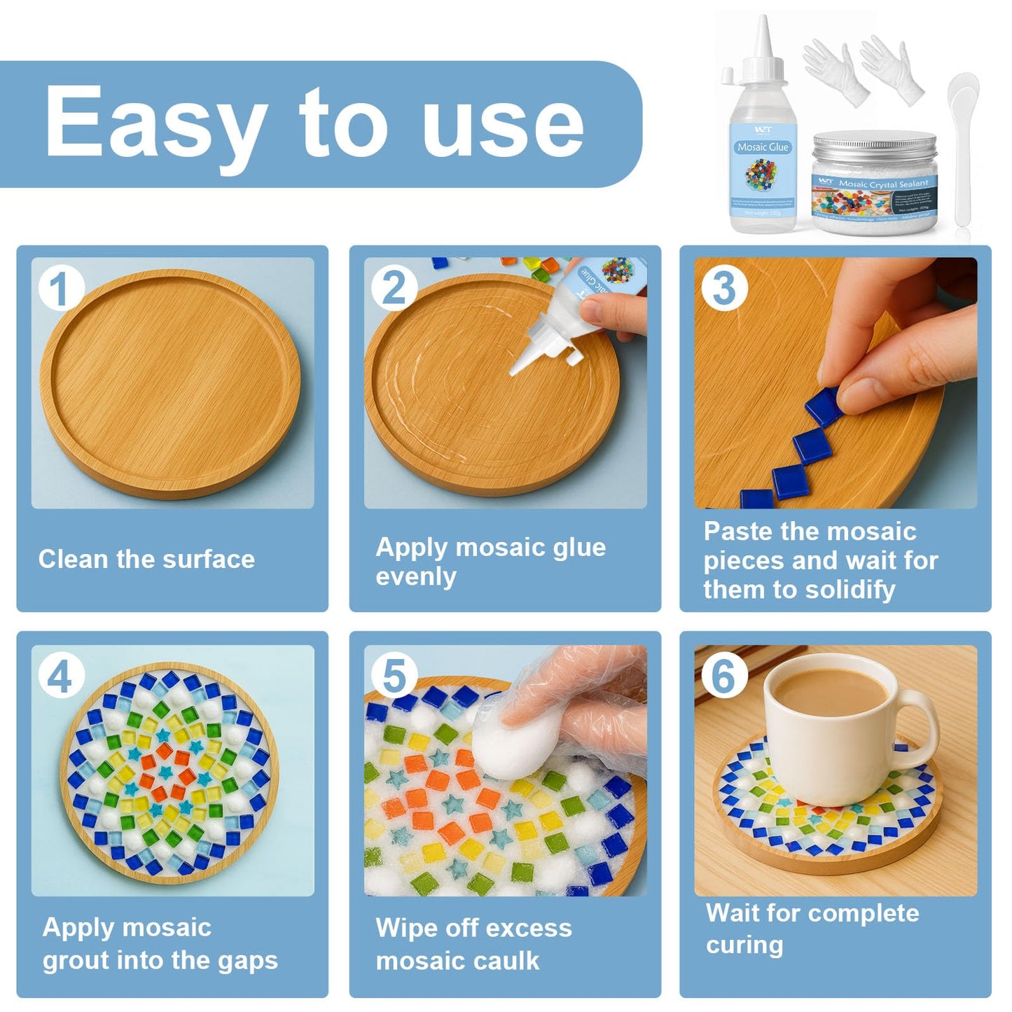 WAN2TLK Mosaic Craft Kit, Mosaic Glue and Grout, Applicator, Gloves, for Mosaic Tiles, Glass, Coaster Art, Home Decoration (White Grout)