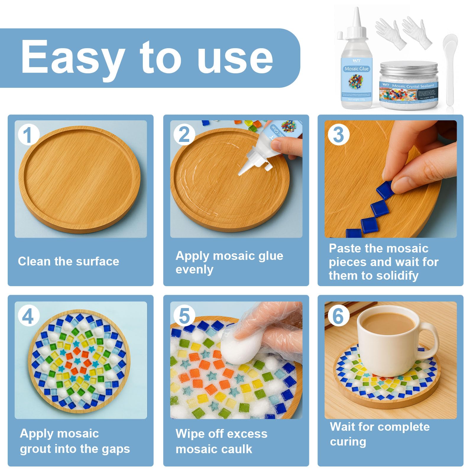 WAN2TLK Mosaic Craft Kit, Mosaic Glue and Grout, Applicator, Gloves, for Mosaic Tiles, Glass, Coaster Art, Home Decoration (White Grout)