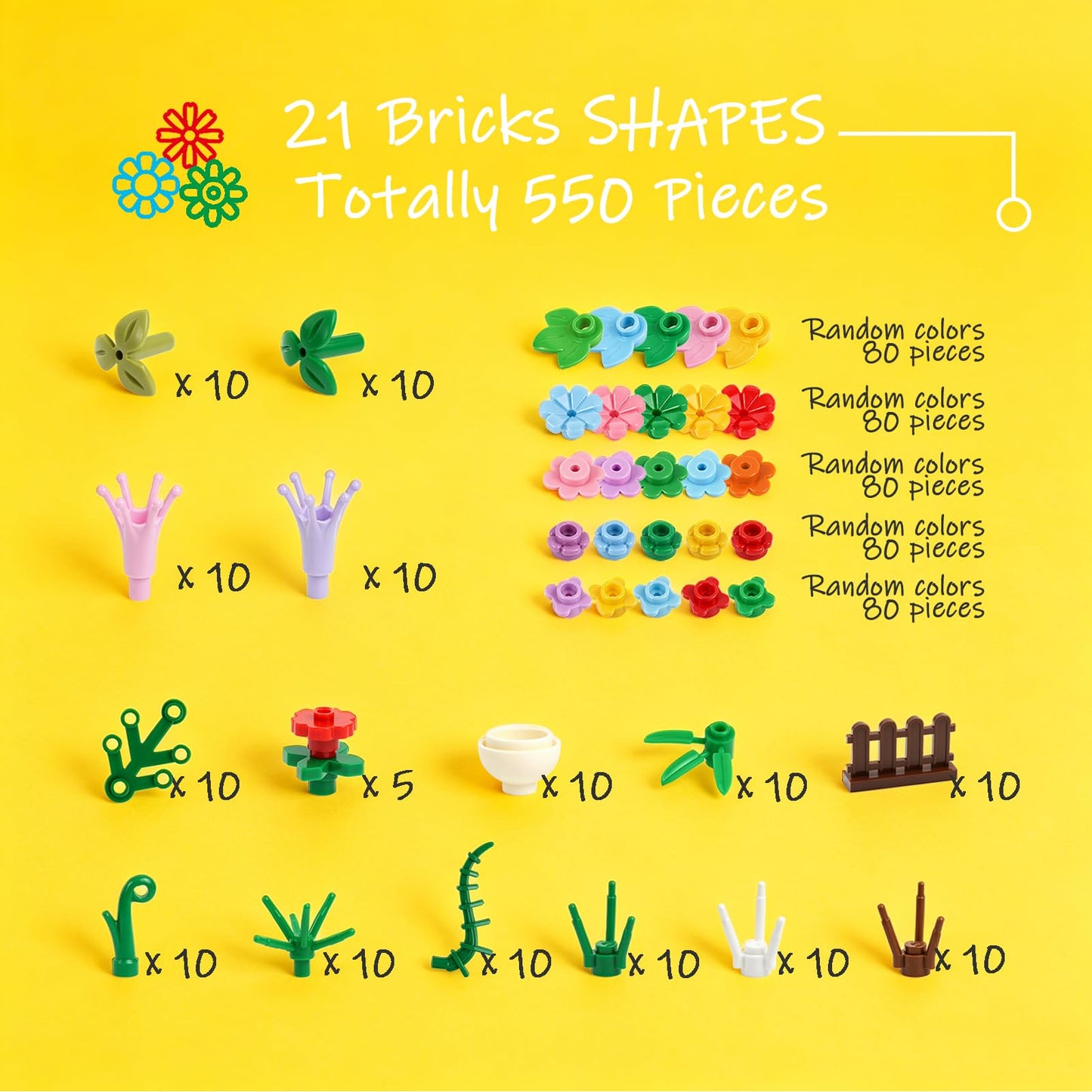 Pasacho 550PCS Plants Flowers Building Bricks, Classic Bulk Botanical Garden Flowers Trees Grass Leaves Bushes, Parts and Pieces Compatible with Major