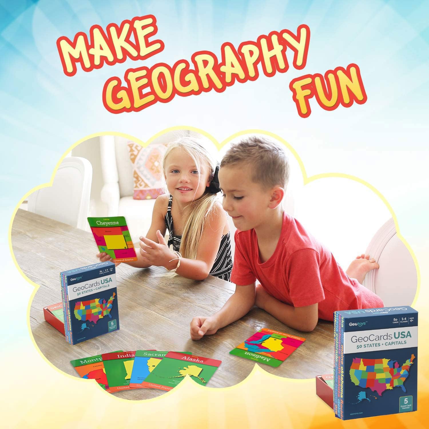 GeoCards USA Flashcards, States and Capitals, Geography Games for Ages 4+