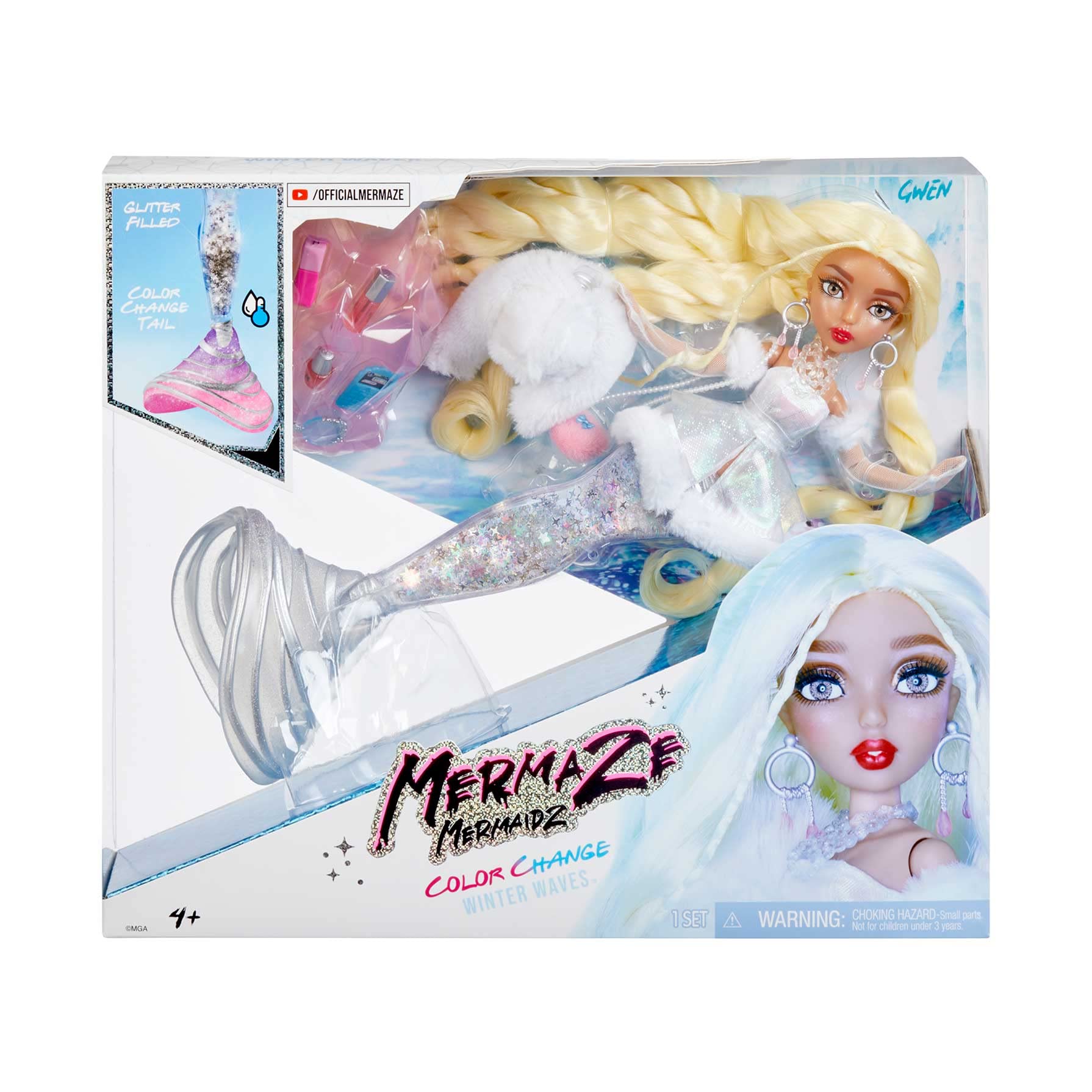 MERMAZE MERMAIDZ™ Winter Waves Gwen™ Mermaid Fashion Doll with Color Change Fin, Glitter-Filled Tail and Accessories 13.5 Inch