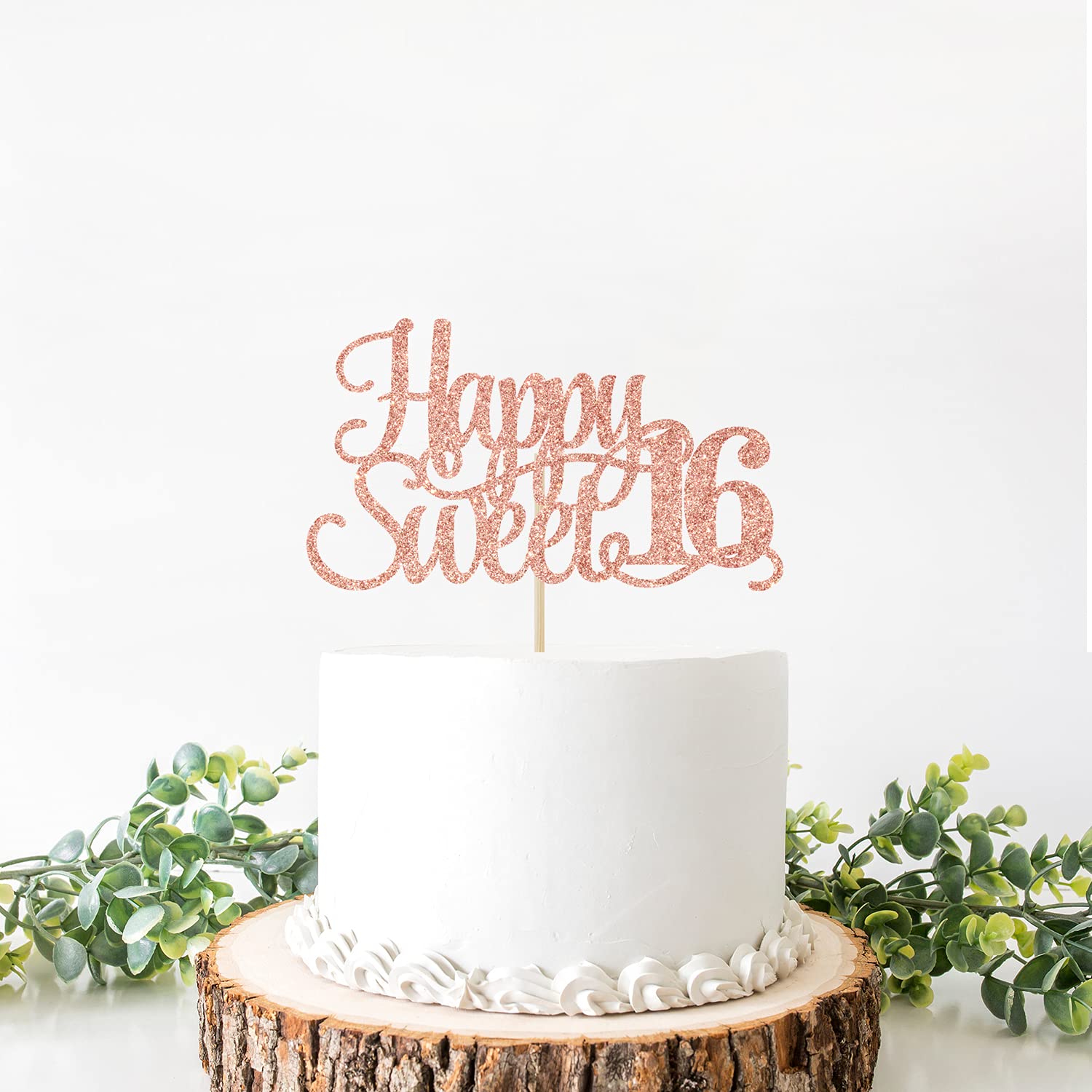 Rose Gold Glitter Happy Sweet 16 Cake Topper - Happy 16th Birthday Cake Decor - Hello 16, Cheers to 16 Years Birthday Party Decoration Supplies