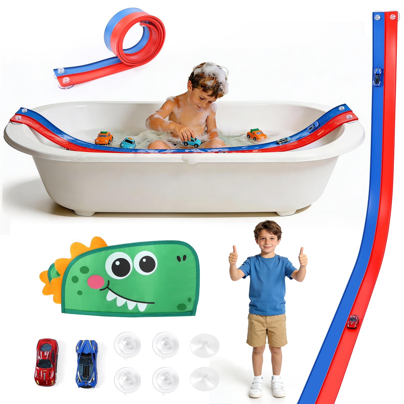 Flexible Race Car Track 6.5 Ft Starter Set with Suction Cups Diecast 1/64th Car for Ages 3 & Up Track Long Rolls Up Portable (6.5Ft Blue&Red)