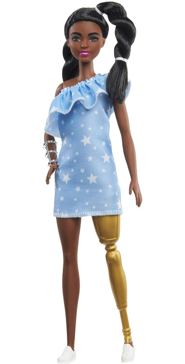 Barbie Fashionistas Doll #146 with 2 Twisted Braids & Prosthetic Leg Wearing Star-Print Dress, White Shoes & Arm Bracelet, Toy for Kids 3 to 8 Years