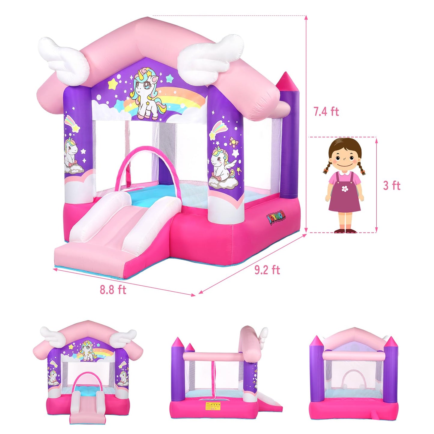 JOYMOR Pink Inflatable Bounce House with Slide, Unicorn Theme Princess, for Girls Outdoor and Indoor Use, Pink Bounce House for Kids 3-6 (Blower