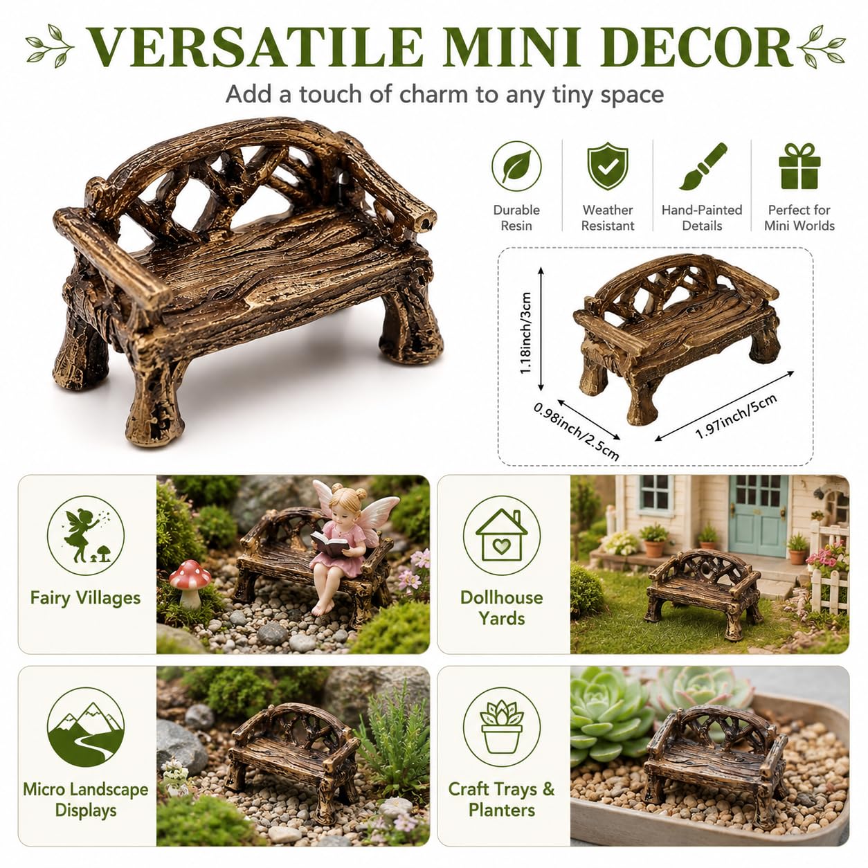 Tiosen Miniature Resin Garden Bench, Fairy Village Dollhouse Accessory, Fairy Garden Furniture Ornaments