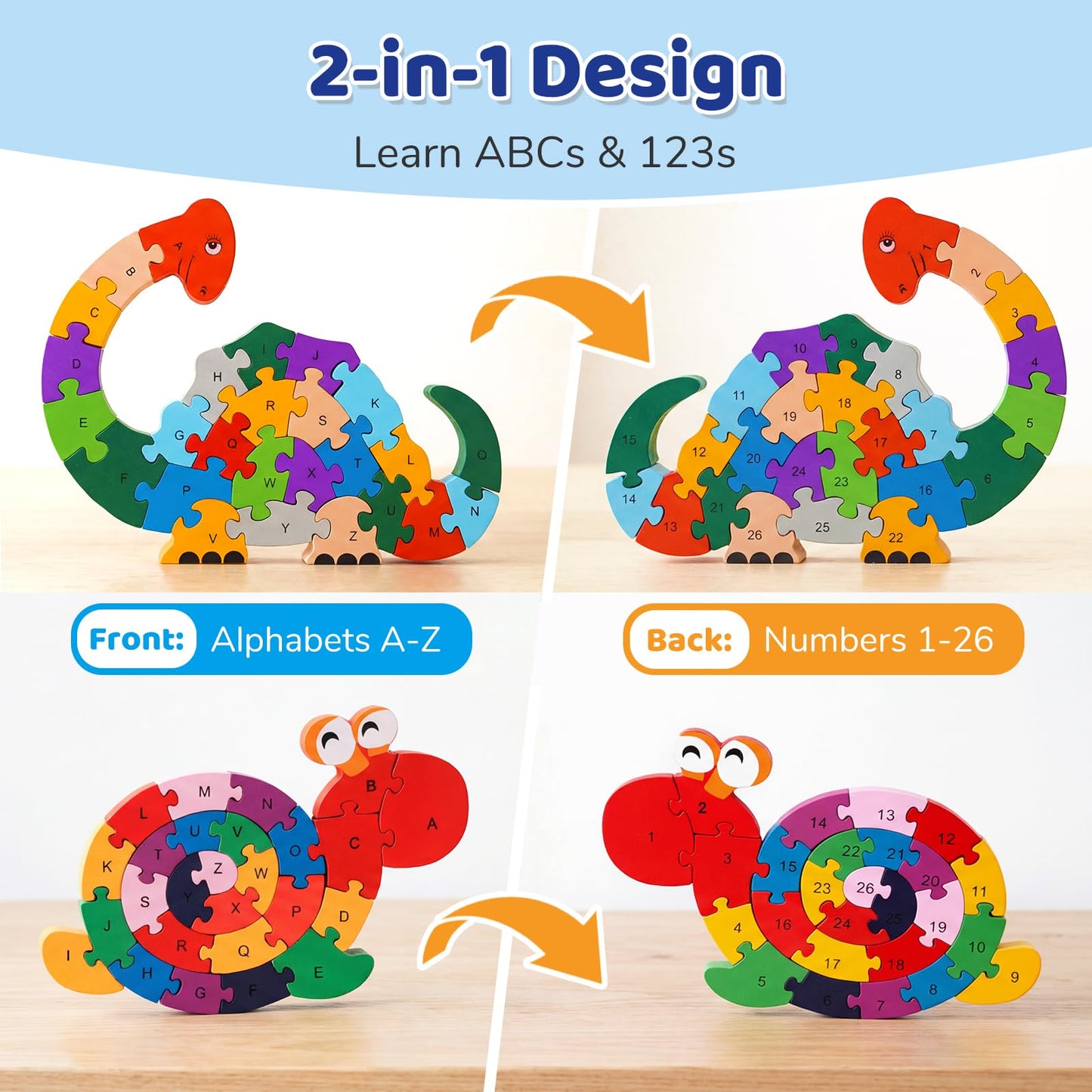 LovesTown Wooden Puzzles, Snail & Dinosaur, Double-Sideld