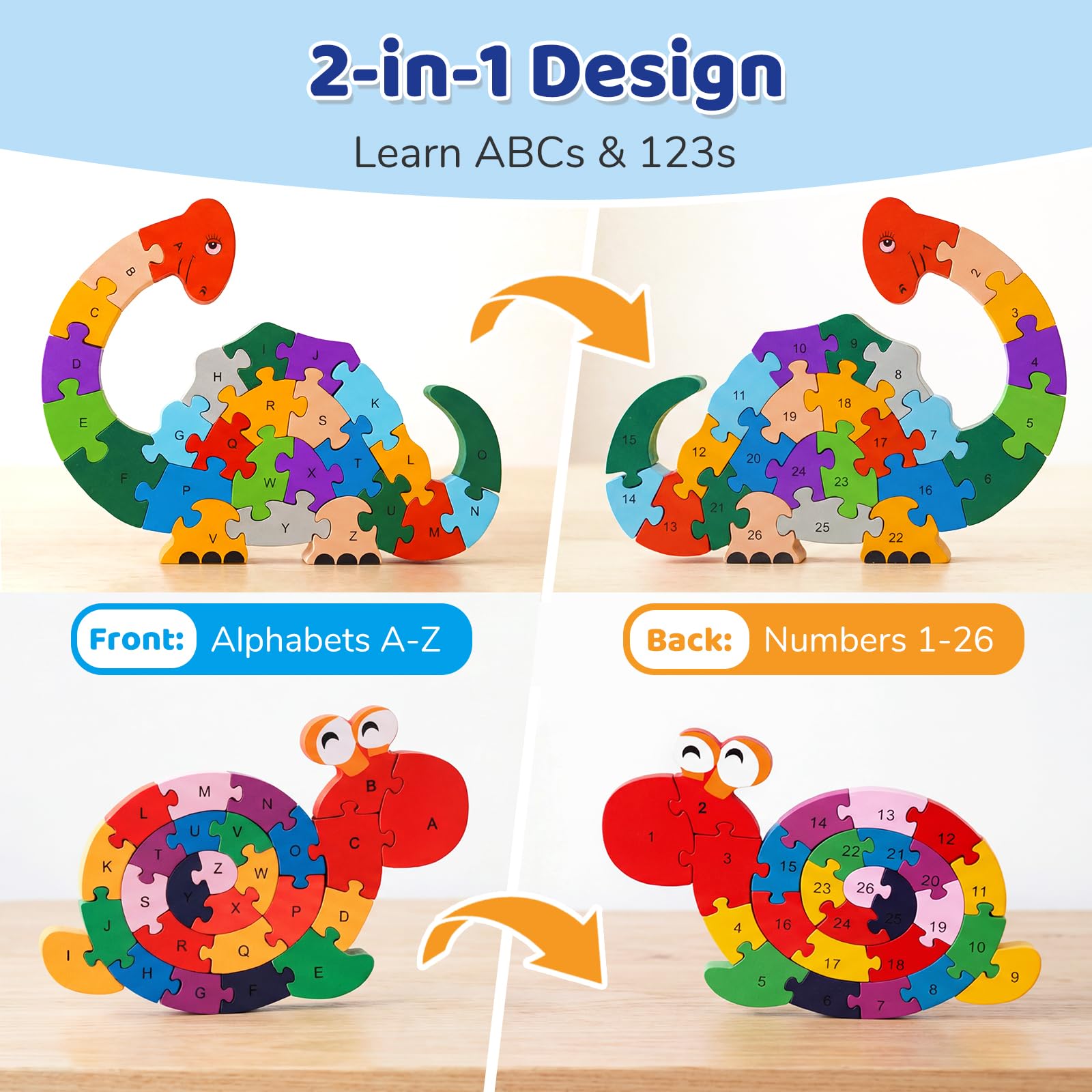 LovesTown Wooden Puzzles, Snail & Dinosaur, Double-Sideld
