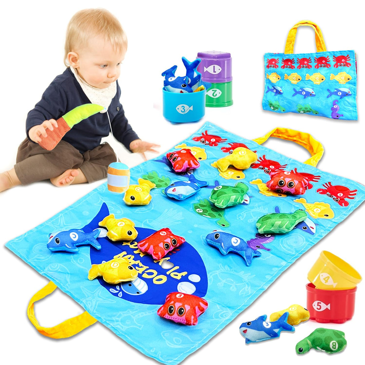 Cylazo Count Learning Montessori Toys for Toddlers 3 Year Old Cloth Toddler Fishing Game with Stacking Cups,Baby Toy 12-18 Months 1 2 Year Old Boy