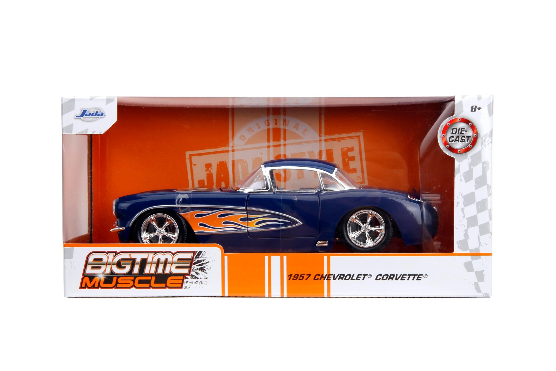 Jada Big Time Muscle 1:24 1957 Chevrolet Corvette Die-Cast Car, Toys for Kids and Adults(Dark Blue/Flames)