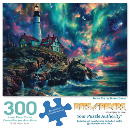 Bits and Pieces - 300 Piece Jigsaw Puzzle for Adults - 18" x 24" - Aurora Sky - 300 pc Large Piece Northern Lights Lighthouse Jigsaw by Shawna Stewart