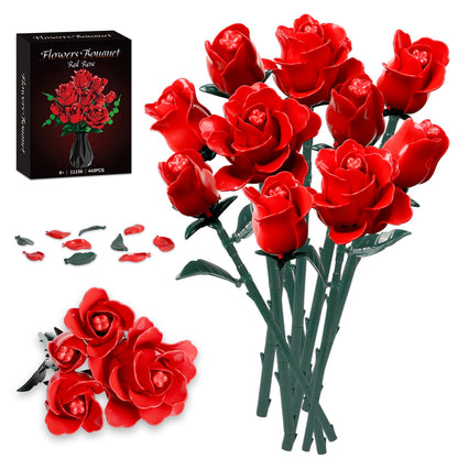 YOIUSFR Red Rose Flower Bouquet Building Set, 443 Pcs Botanical Collection Kit Artificial Flowers Blocks, Home Table Decor for Valentine's Day