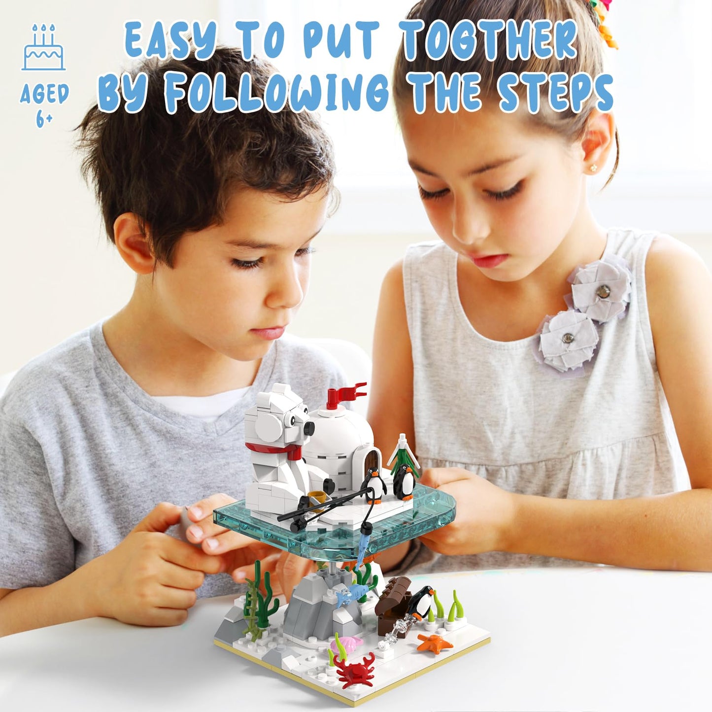 aphpaio Christmas Polar Bear and Penguin Building Set, Sea Animals Building Kit Winter Village, Includes Igloo Fish Crab Sea Animals, Brithday Gift