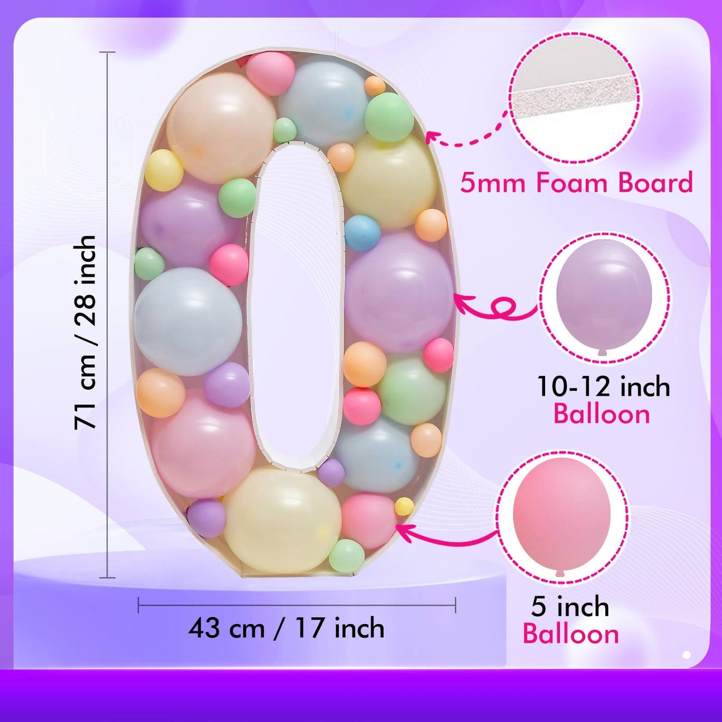 Mosaic Balloons Frame Numbers 0 Pre-Cut Large Foam Board Sign Cut-out for Boy Girl Birthday Backdrop Anniversary Decoration