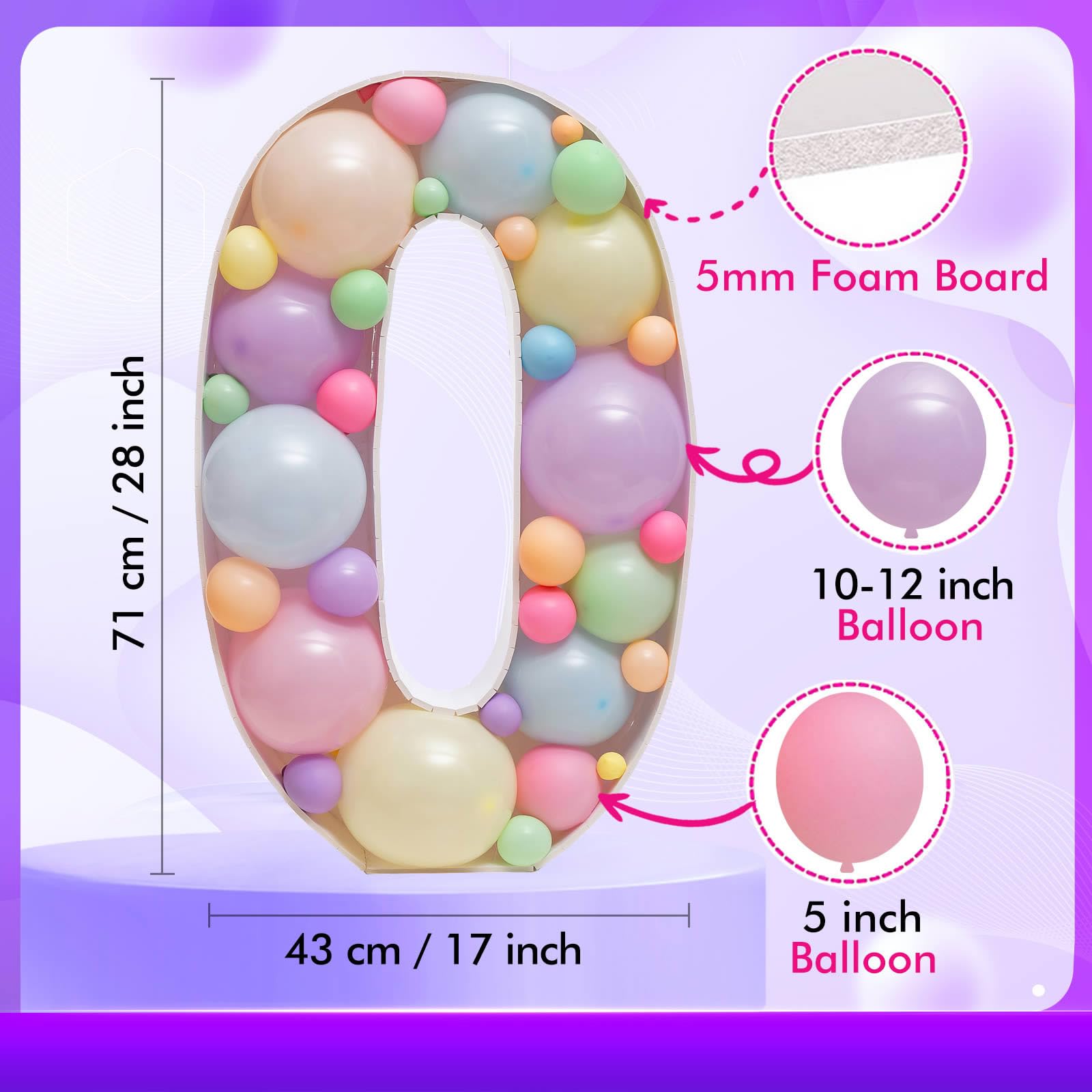 Mosaic Balloons Frame Numbers 0 Pre-Cut Large Foam Board Sign Cut-out for Boy Girl Birthday Backdrop Anniversary Decoration