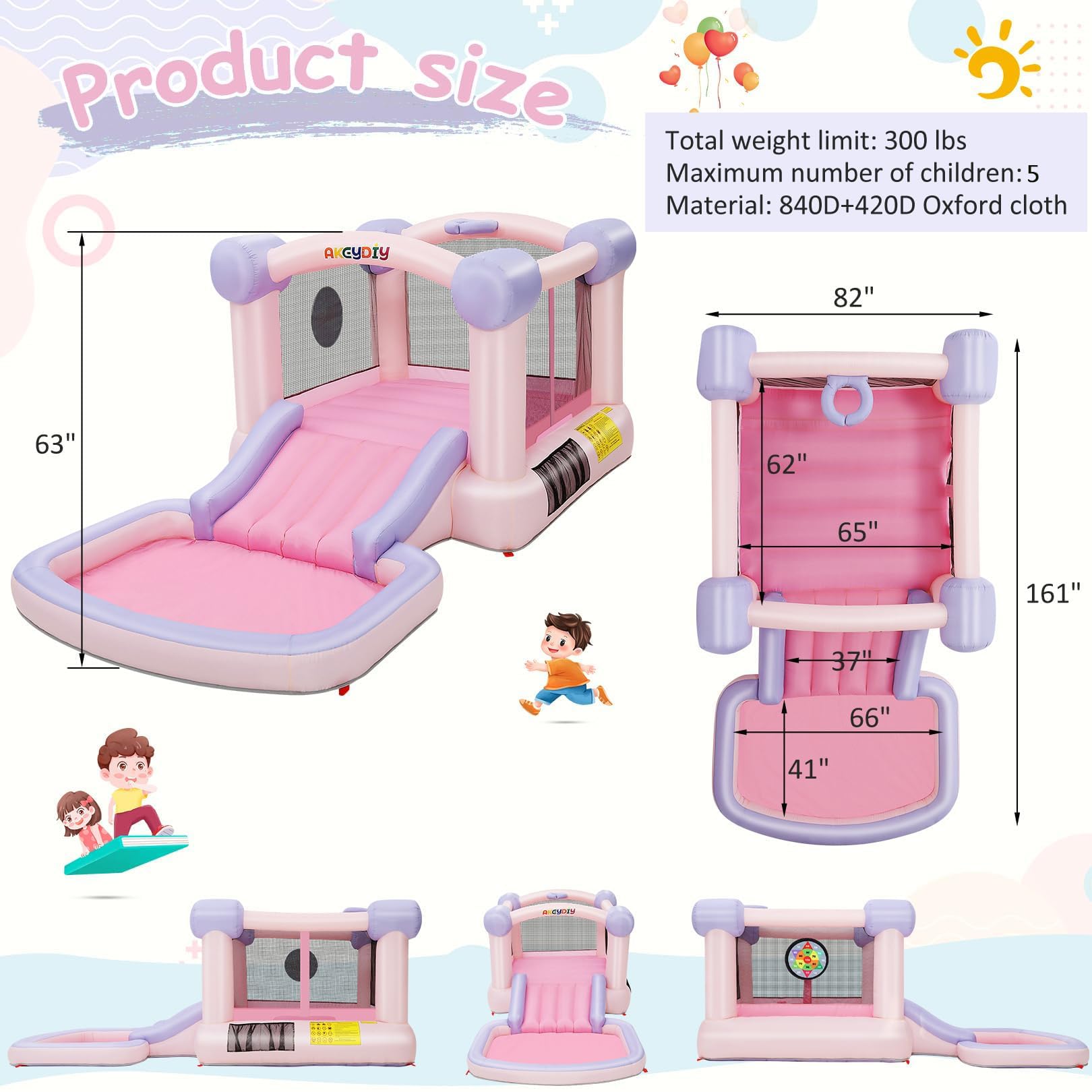 AKEYDIY Pastel Dream Bounce House for Kids 3-10, 161x82x63 inch Water Bounce House w/Slide,Ball Pit/Pool, Pink Bounce House UL Blower &50 Plastic