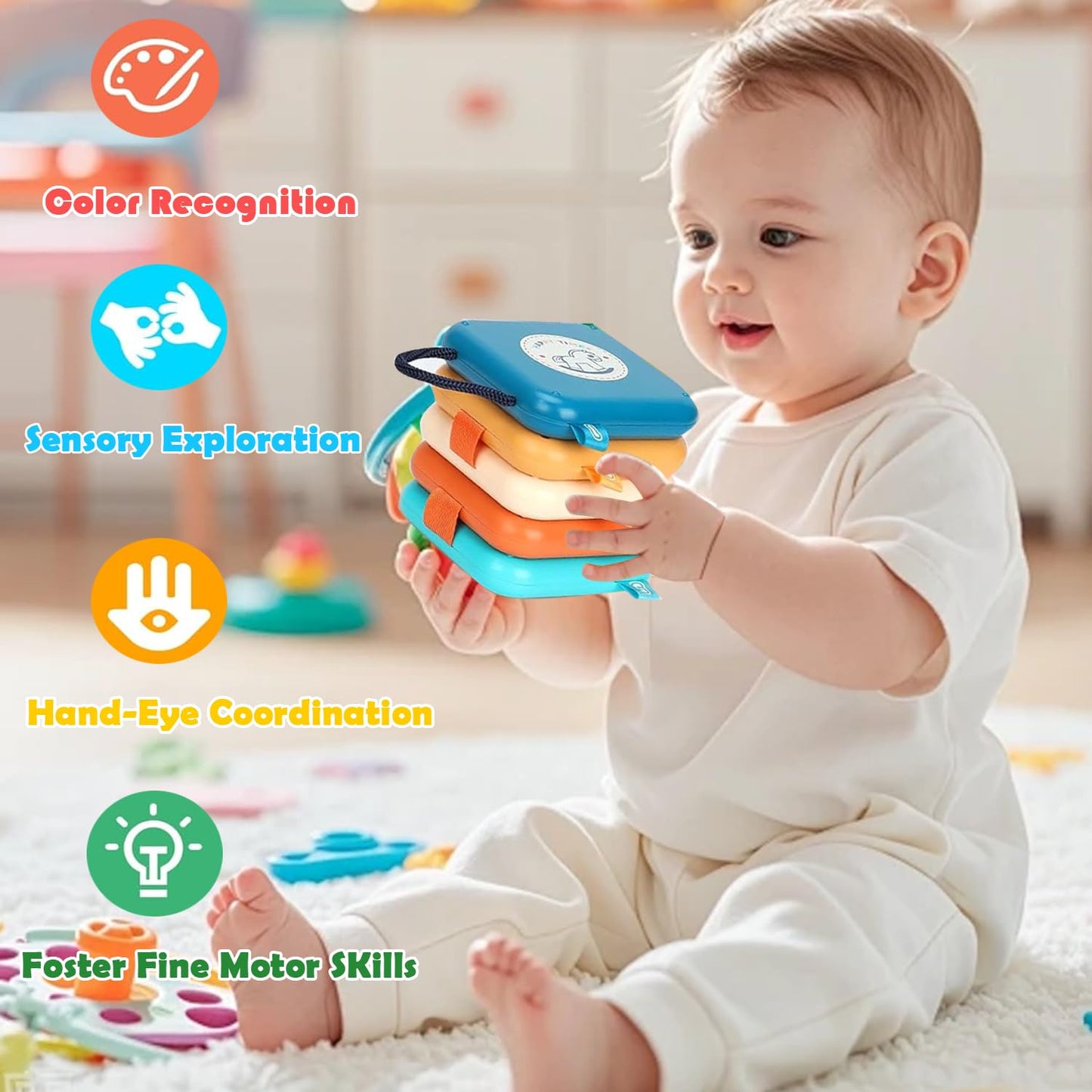 FHJBJA Montessori Busy Board for 1 Year Old, Baby Travel Toys for Toddler 1-3, Sensory Activity Cube with Fine Motor Skills, Birthday Toy Gifts for 1
